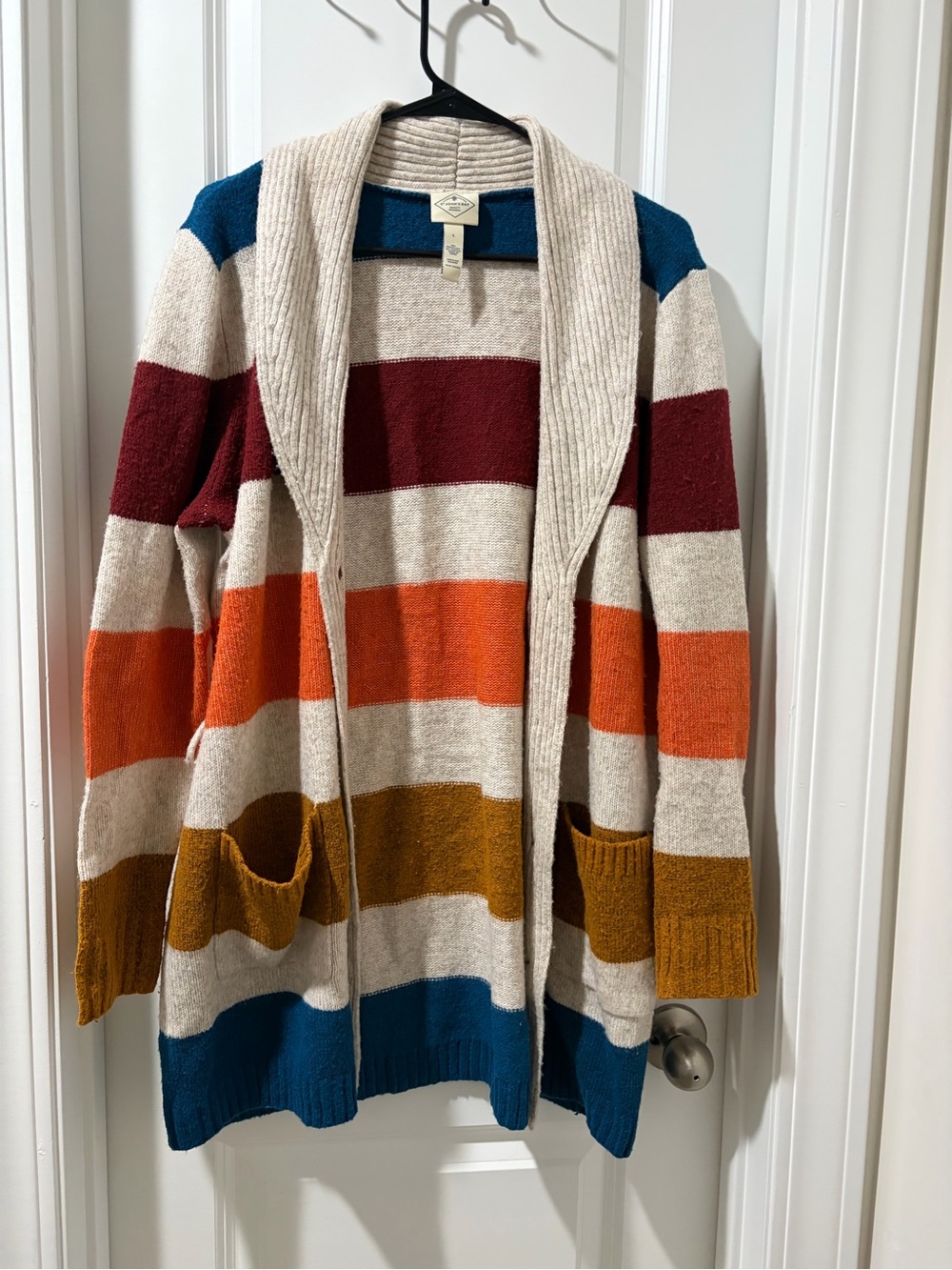 St. John's Bay Cream Cardigan with Rust, Orange, Mustard & Teal Stripes